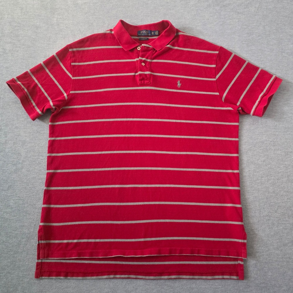 Polo Ralph Lauren Mens XL Classic Fit Striped Polo Shirt Red Grey Short Sleeve - Picture 2 of 8